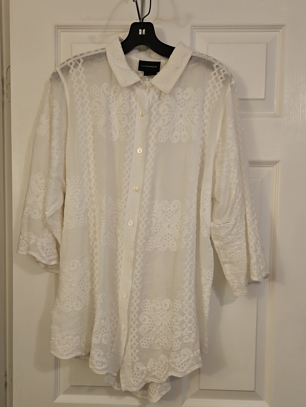 Semi-Sheer White Embroidered Button-Front Blouse - Lightweight Casual